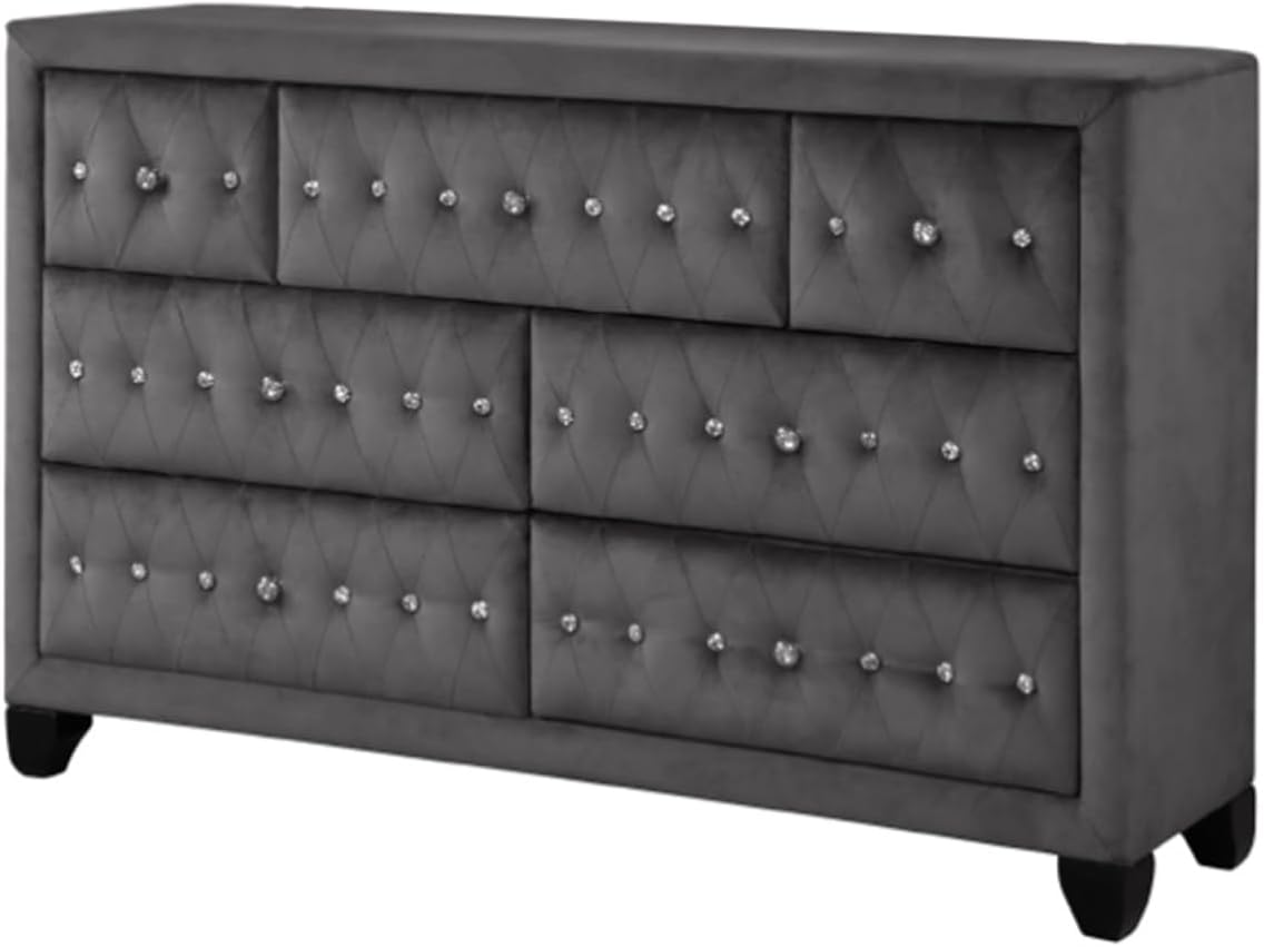 Modern Bedroom Set with Built-in TV Storage & Electric Fireplace - Gray Upholstered 4-Piece Queen Bed Set for Home Office & Small Space Living - Complete Bed Frame Dresser Nightstand Mirror Se