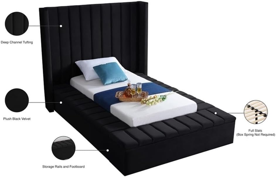 Meridian Furniture Kiki Collection Modern | Contemporary Velvet Upholsterd Bed with Channel Tufting, Siderails and Footboard Storage Compartments, Twin, Black