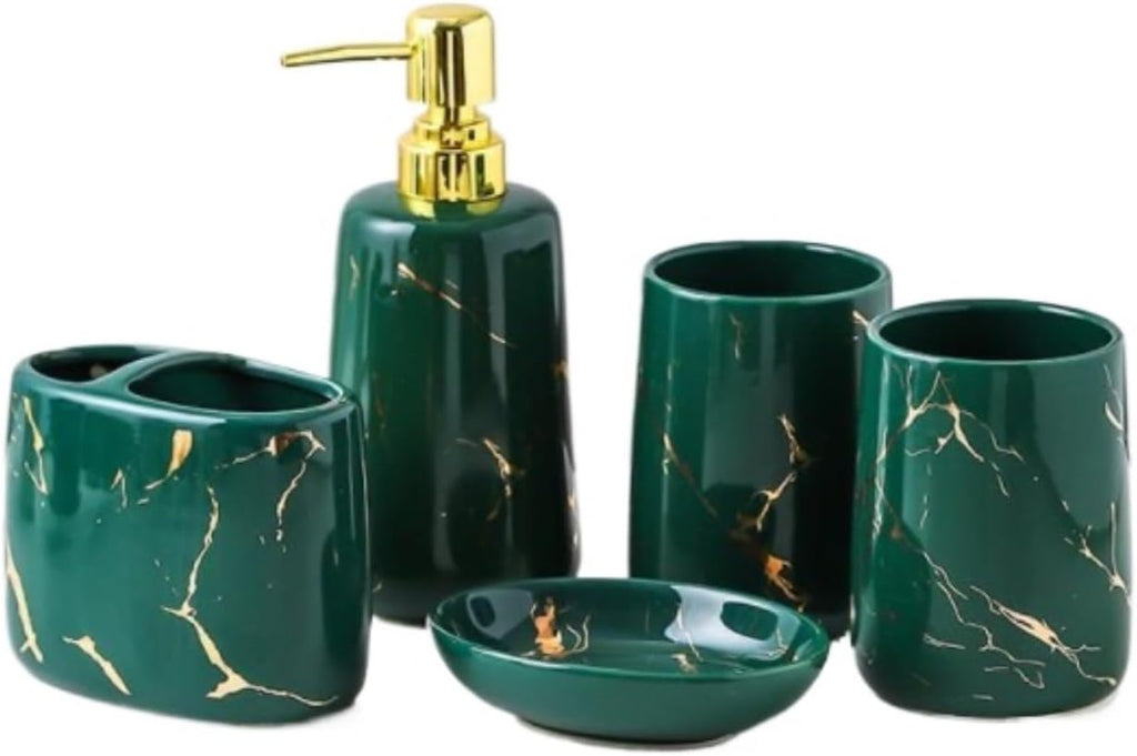 Vanity Bathroom Decor, 5-Piece/Set Bathroom Accessories Set Black Green Ceramic Soap Dispenser Set Housewarming Gift(Green)