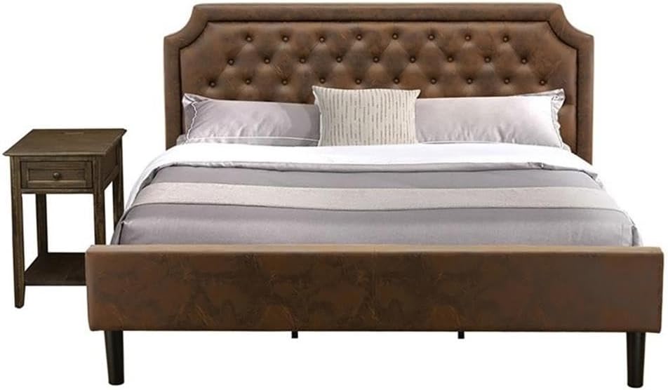 Pemberly Row 2-Piece Wood King Bedroom Set, Faux Leather Bed & Nightstand, USB Ports & Outlets, Brown/Jacobean Finish, Mid-Century Style, Sturdy Frame, Easy Assembly