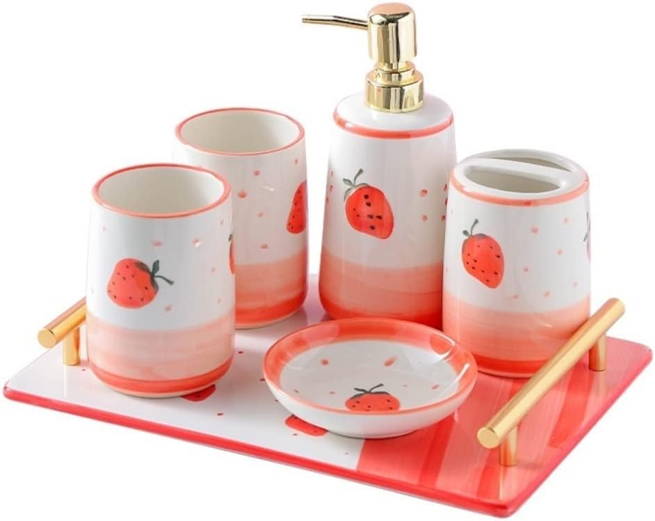 Vanity Bathroom Decor, Bathroom Accessory Set Ceramic 6 Piece Bathroom Set Features Soap Dispenser Strawberry Pattern Hand Housewarming Gift(Pink)
