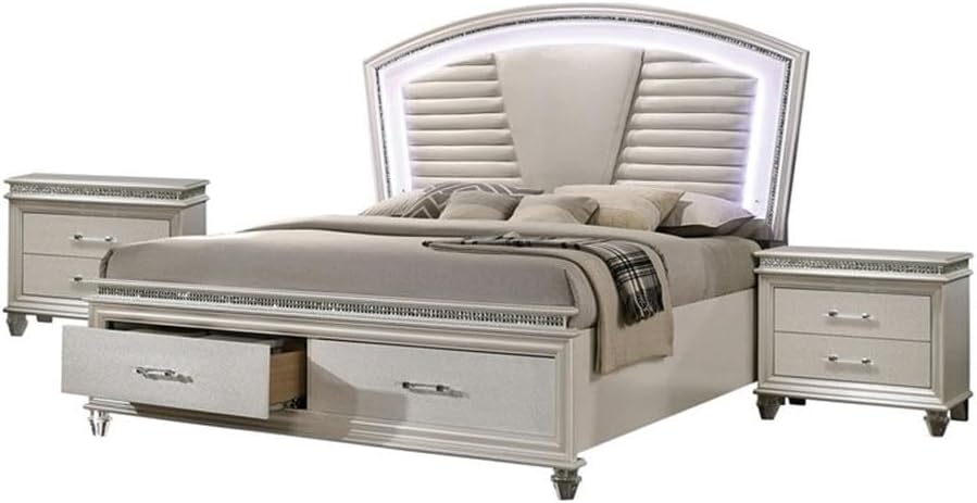Furniture of America FOA Plumley 3-Piece White Wood Bedroom Set - Cal King + 2 Nightstands
