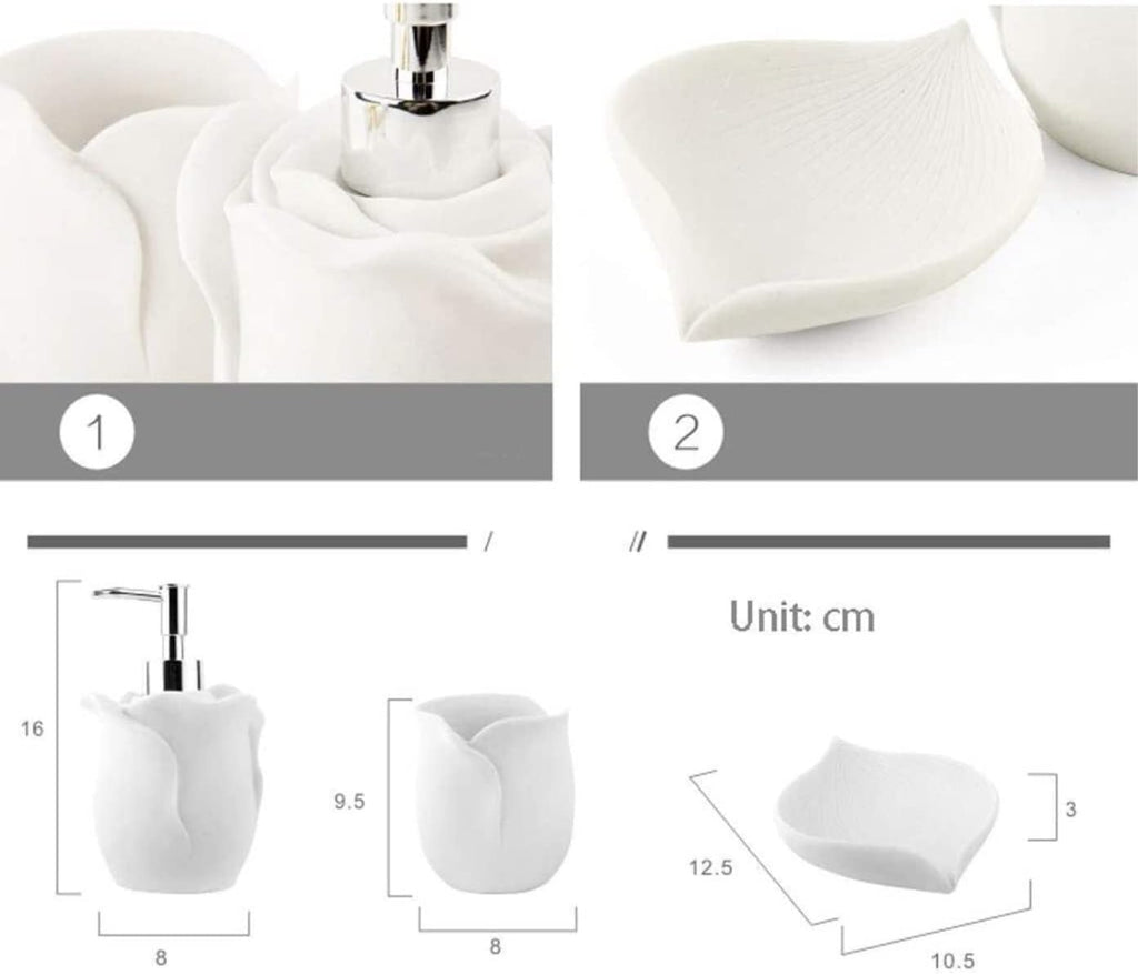 Vanity Bathroom Decor, Bathroom Accessory Set 4pc Bath Accessory Set Soap Dish Lotion Dispenser Tumbler Bathroom Set Modern Design Housewarming Gift(Rose)