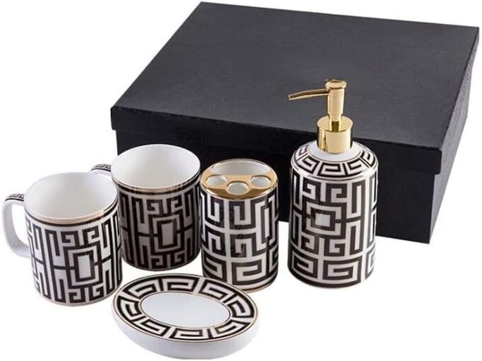 Vanity Bathroom Decor, 5-Piece Ceramic Bathroom Accessory Set Soap Dispenser Mouthwash Cup Soap Dish Toothbrush Holder Toiletries Set Housewarming Gift(B)