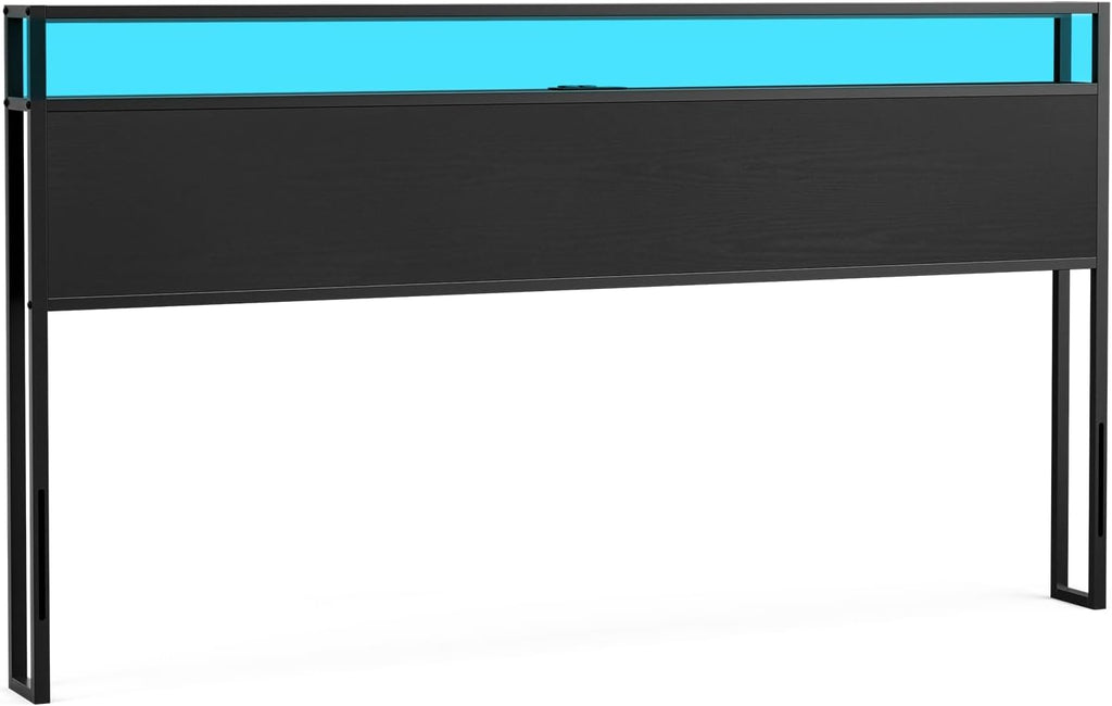 IKIFLY King Size Storage Headboard with LED Lights & Charging Station - Industrial Metal and Wood King Headboard Only for Bedroom, Attach Frame, Easy Assembly - Black