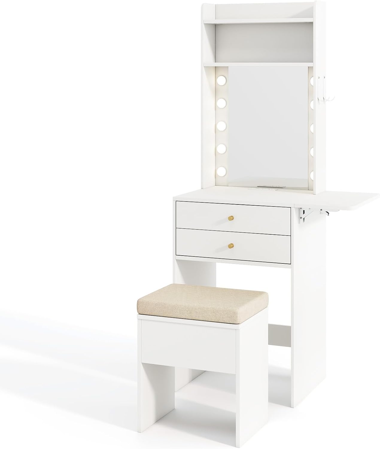 CHARMAID Small Vanity Desk with Mirror and Lights, White Makeup Vanity Table with Storage Bench, Drawers, Shelves, Foldable Side Table, Charging Station, Compact Vanity for Small Bedroom Narrow Space