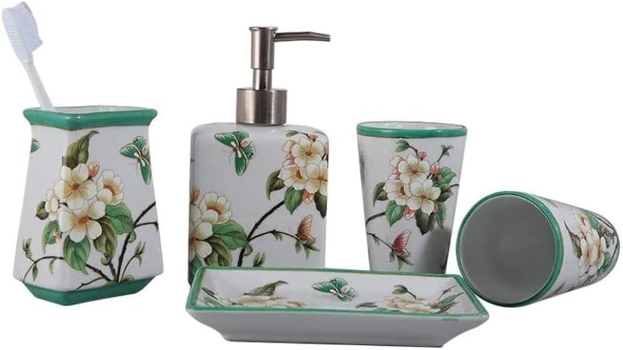 Vanity Bathroom Decor, 5pcs American Pattern Ceramic Bathroom Accessories Set Tooth Brush Holder Soap Dispenser Gargle Cup Soap Dish Suit Housewarming Gift
