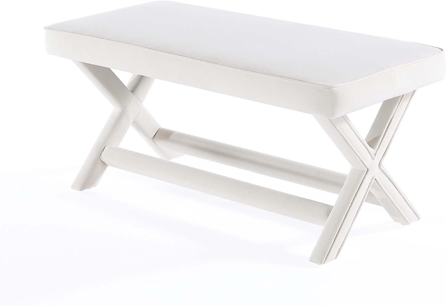 Manhattan Comfort Abigail Double Ottoman Bench Upholstered in Velvet Fabric, Luxurious Accent Vanity Stool with Stylish X-Crossed Legs, Solid Wood Frame, Plush Piped Cushion, Fully Assembled, Cream
