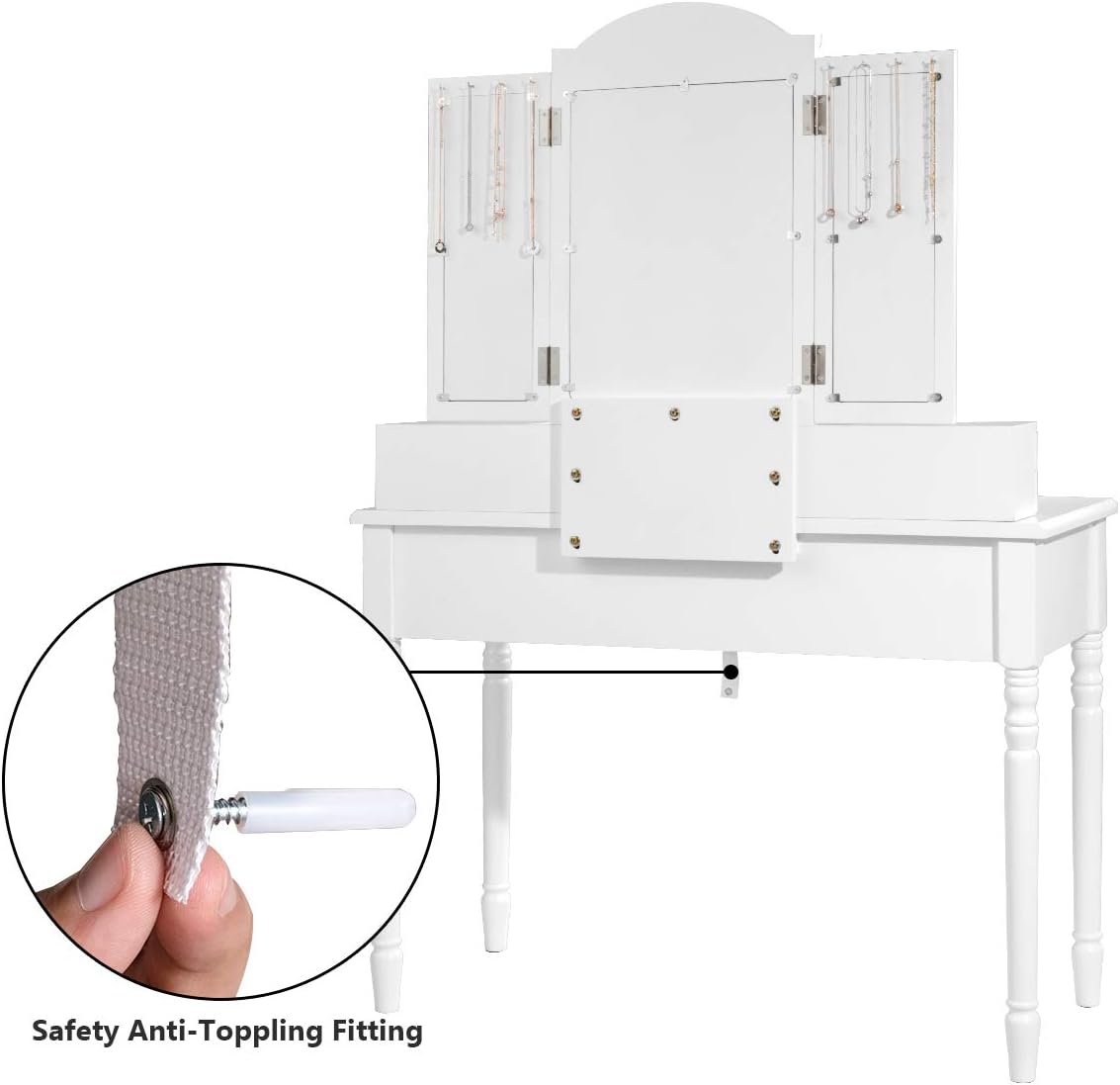 DORTALA Makeup Vanity Table Set w/ 7 Drawers, Removable Tri-Folding Mirror w/ 8 Jewelry Necklace Hooks, Dressing Table w/Open Storage Box & Cushioned Stool, Solid Wood Legs,White