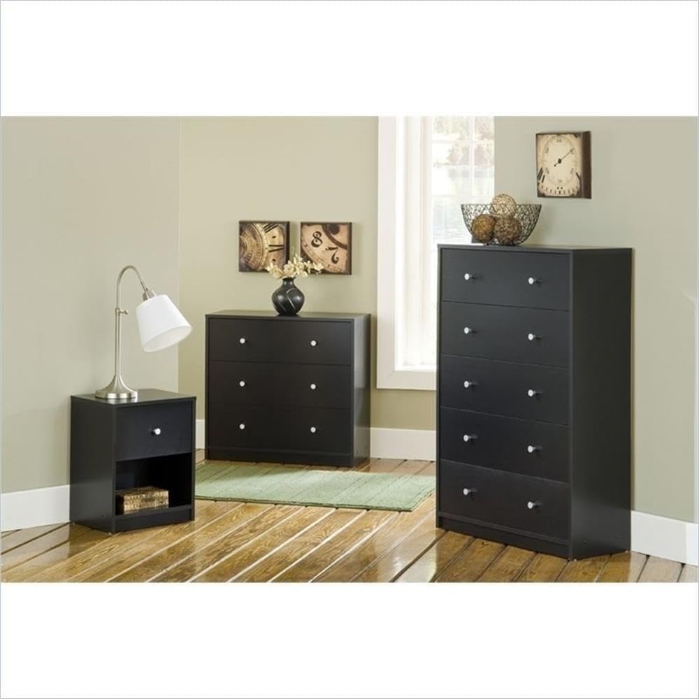 Home Square 3-Pc Scandinavian Design Engineered Wood Bedroom Furniture Set with 3-Drawer Chest & 6-Drawer Double Dresser & 1-Drawer Nightstand, Pewter Plastic Handles, Smooth Plastic Glides, in Black