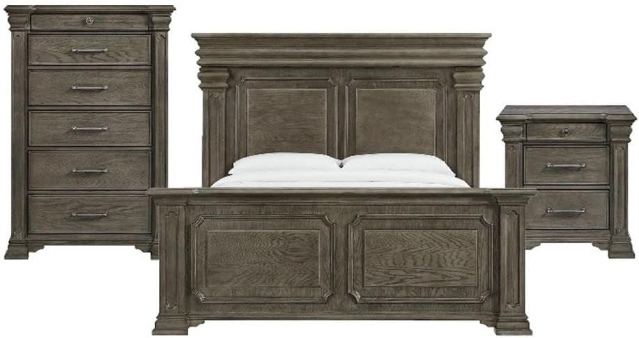 Pemberly Row Transitional Wood King 3PC Bedroom Set, Gray Finish, Elegant Design with Mood-Lighting Headboard, USB Ports, Hidden Storage Nightstand, Felt-Lined Drawers, Sophisticated Bedroom Furniture