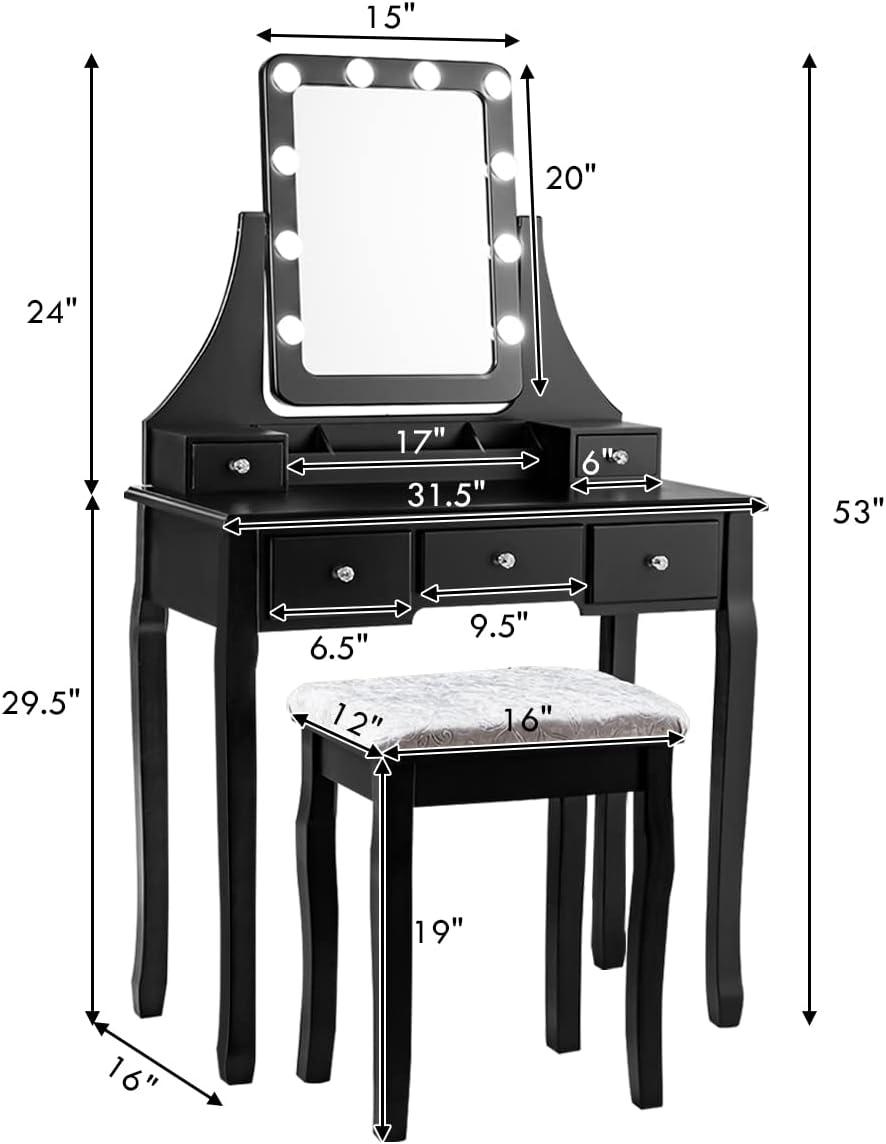 COSTWAY Vanity Desk Set with Lighted Mirror, 360° Swivel Vanity Mirror Desk with 10 LED Bulbs, Makeup Dressing Table with 5 Drawers, Vanity Table with Cushioned Stool for Bedroom, Women, Girls (Black)