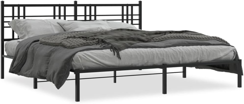 King Size Metal Bed Frame with Headboard Black 76'x79.9' Sturdy Steel Platform Bed Frame with Underbed Storage Space for Bedroom Furniture