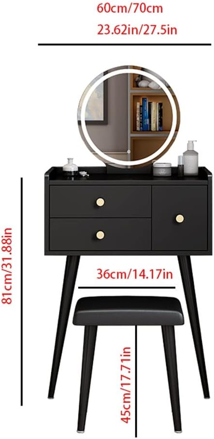 Vanity Benches Vanity Desk Set Cosmetic Storage Desk Bedroom Small Unit Dresser with Vanity Stool, Mirror, Three Drawers (Color : A, Size : L60cm)