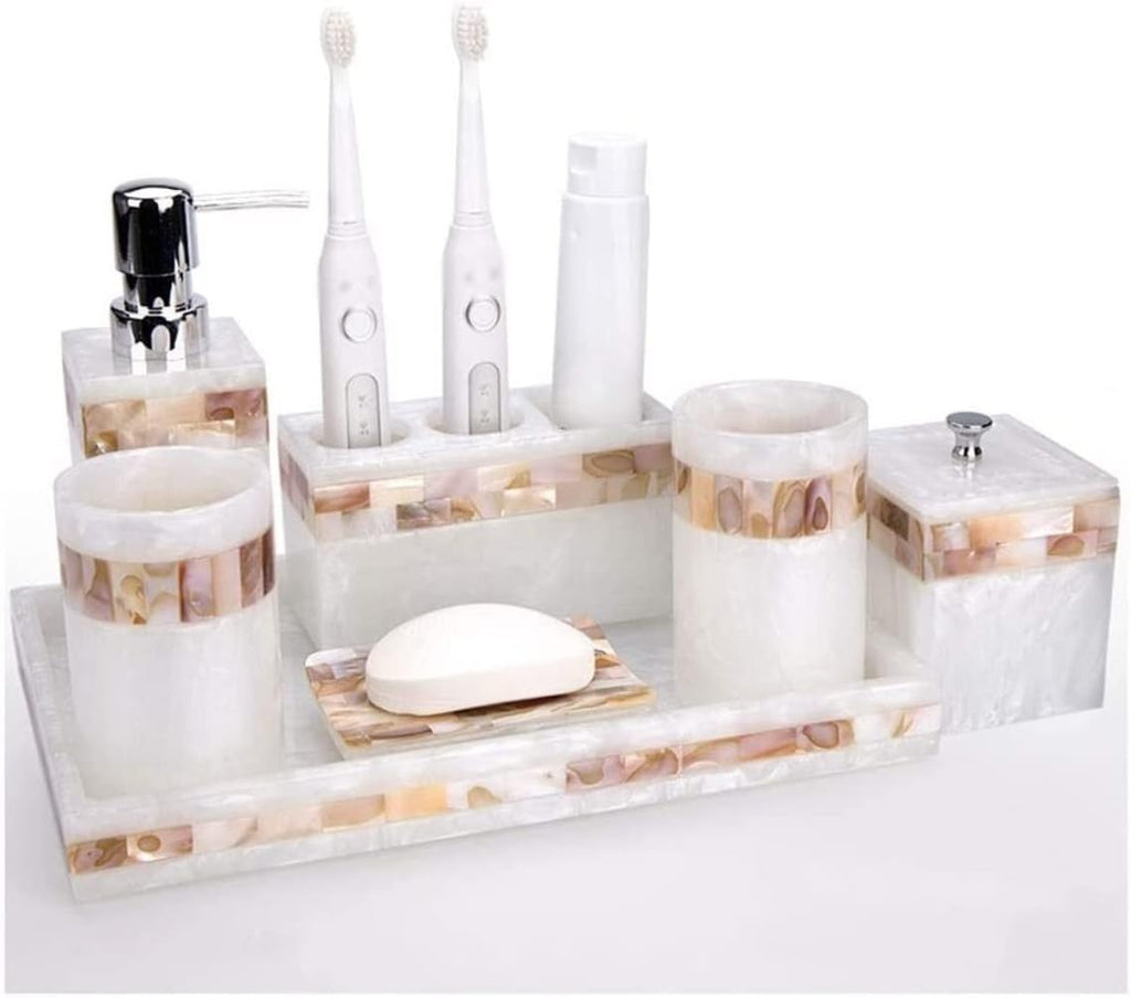 Vanity Bathroom Decor, Light Luxury Shell Bathroom Accessories Set Resin Cup Toothbrush Holder Soap Dispenser Bath Supplies Wash Set Housewarming Gift(7pcs)