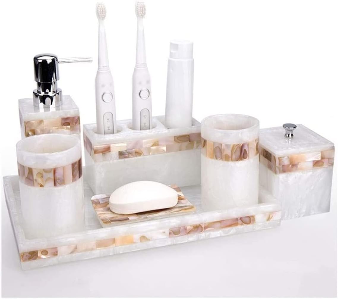 Vanity Bathroom Decor, Light Luxury Shell Bathroom Accessories Set Resin Cup Toothbrush Holder Soap Dispenser Bath Supplies Wash Set Housewarming Gift(7pcs)