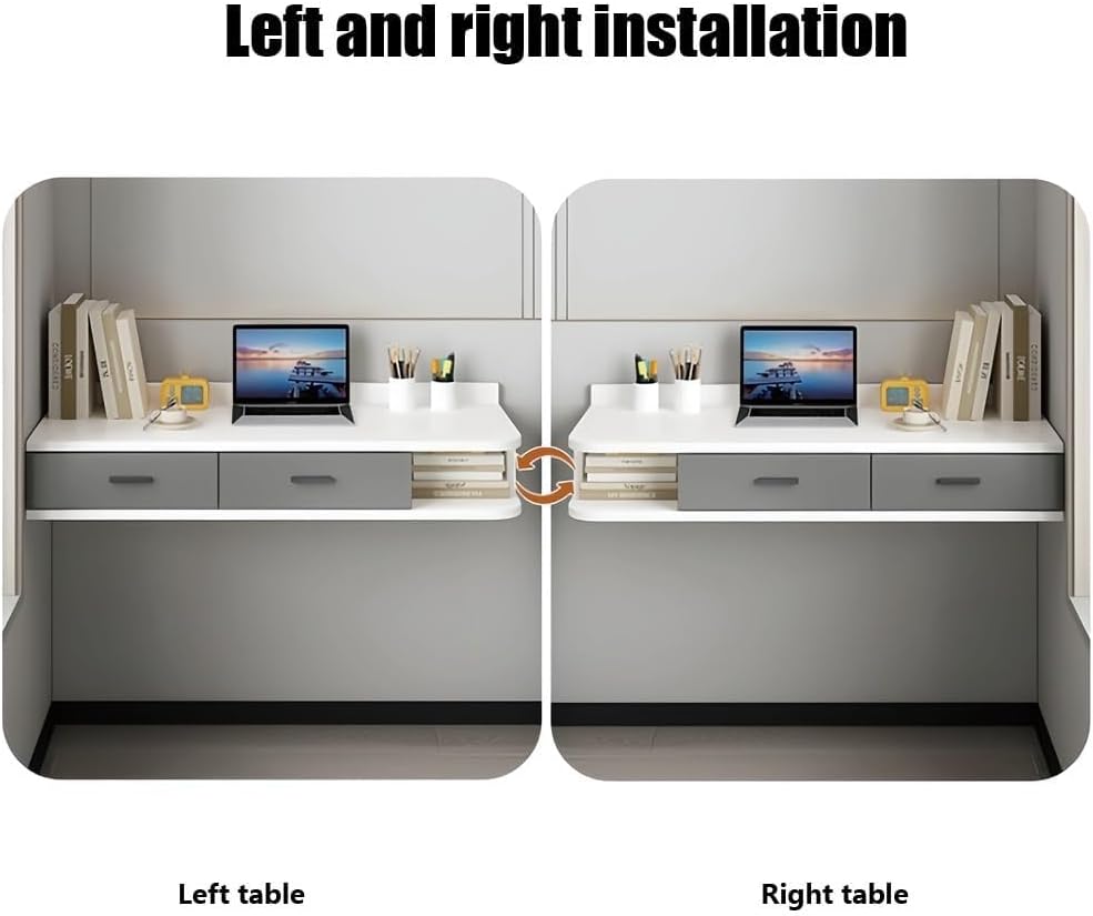 Floating Writing Desk with Storage Drawers Wall-Mounted Computer Table Hanging Corner Vanity Table Rounded Corners for Room Heavy Duty(Gray Right,100 cm)