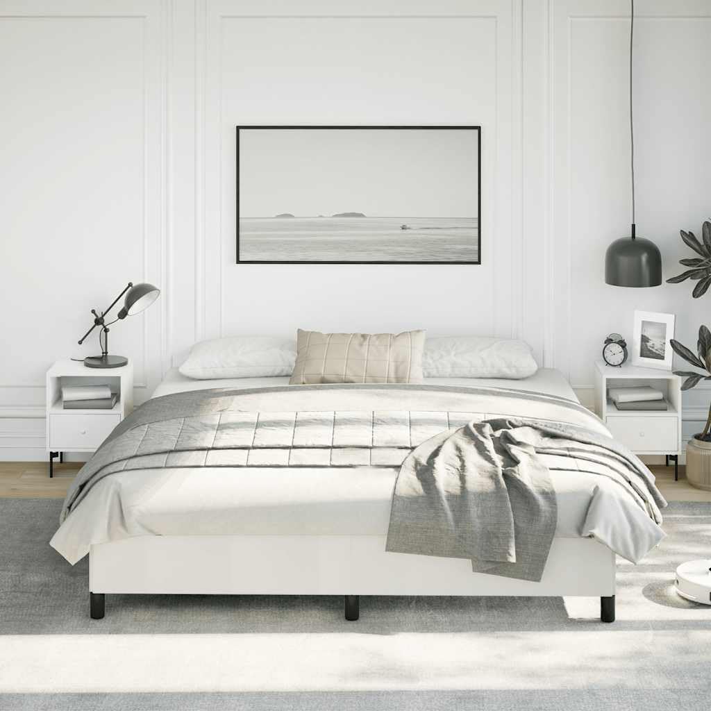 King Size Bed Frame White Faux Leather with Engineered Wood and Plywood Construction, Sturdy Sleek Modern Platform for Mattress Support, Easy Assembly for Adult Bedroom