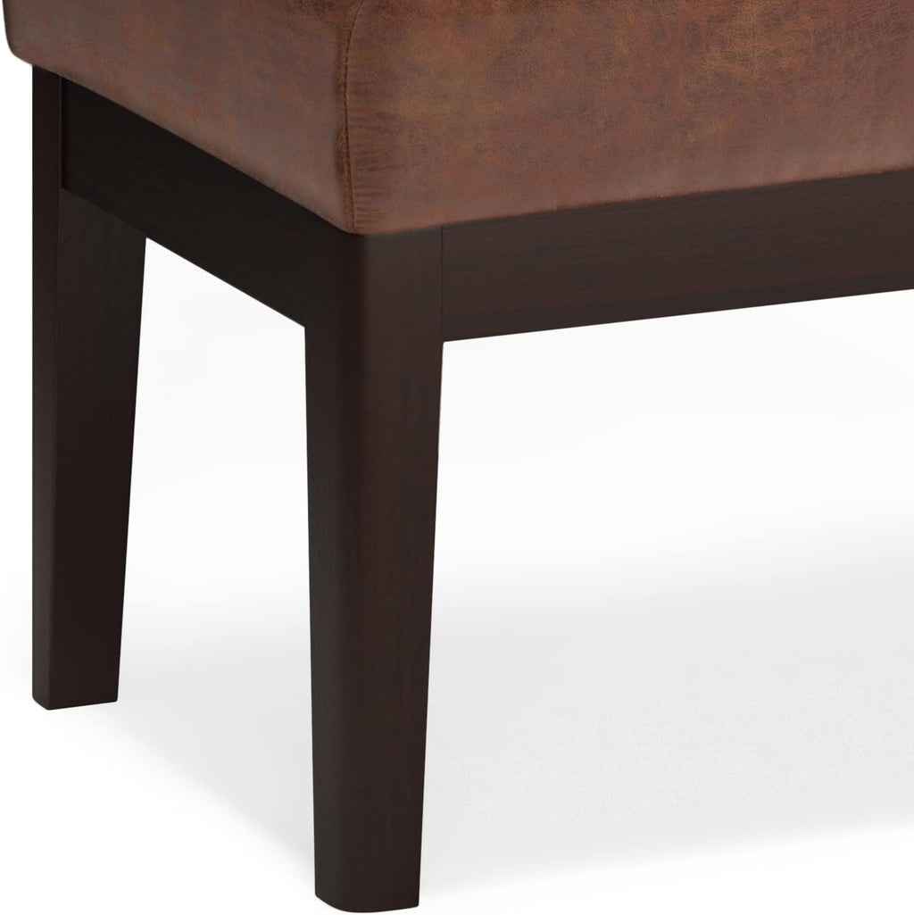 SIMPLIHOME Carlson Small Ottoman Bench - 27 inch Wide Upholstered Woven Fabric Rectangle Ottoman in Distressed Saddle Brown, Mid Century Modern Bench for Bedroom or Living Room with Padded Seat