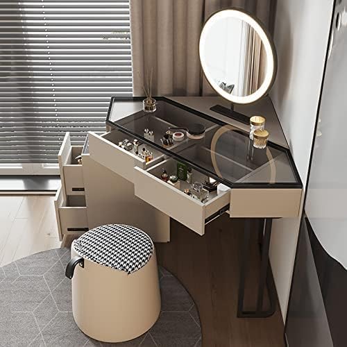Vanity Corner Dressing Table Set,Vanity Desk with Led Dressing and Stool,Clear Tempered Glass Countertop,Vanity Desk with 4 Drawers,for Women,Stool Not Included