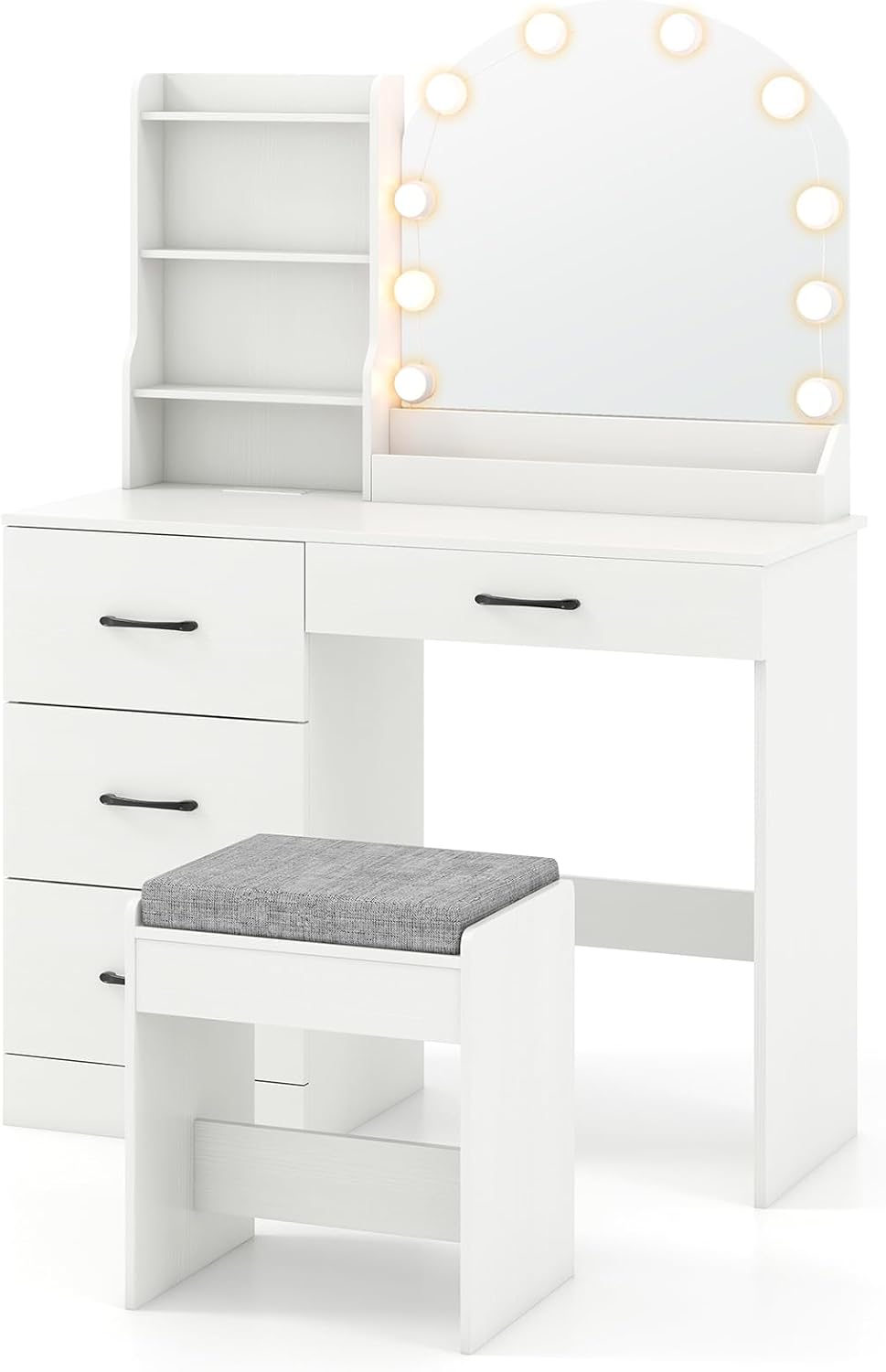 CHARMAID Vanity Desk with Mirror and Lights, White Makeup Vanity Desk with 4 Drawers, Storage Shelves, Charging Station, 3 Lighting Modes, 40 inch Large Vanity Dressing Table with Stool for Bedroom