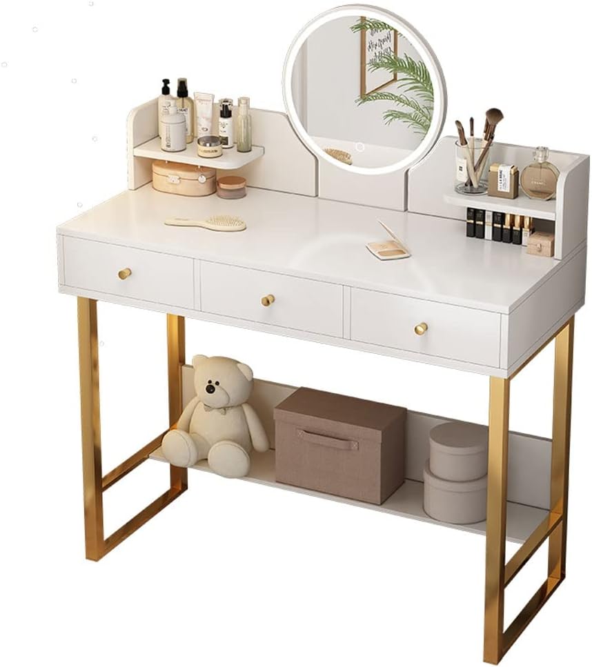 Vanity Benches Vanity Table Set Touch Screen Lighted Mirror, with 3 Large Drawers, Two Display ，Bottom Storage Shelf Ladies Or Girls Dresser (Color : A, Size : 100x40x119 cm)