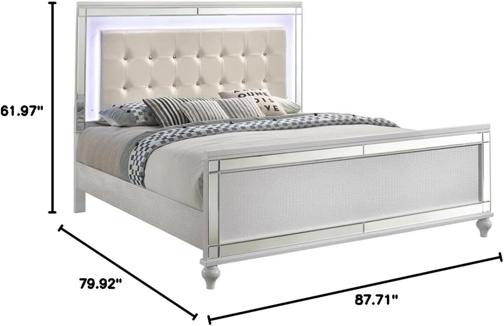Pemberly Row Modern Solid Wood King Size Bed, White Finish, Lighted Headboard, Durable Construction, Embossed Inlay, Hardwood Veneers, Comfortable Fabric, Elegant Bedroom Furniture