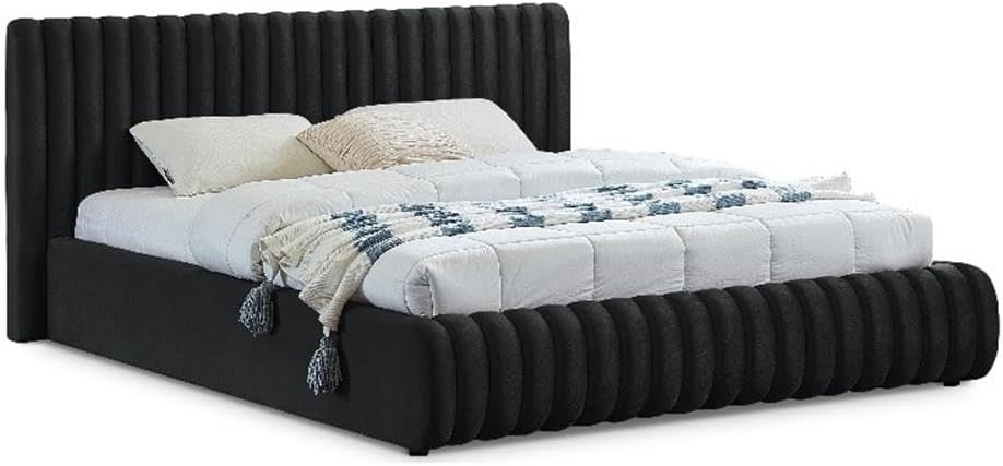 Pemberly Row Contemporary King Bed, Black Velvet Upholstery, 89' W x 91' D x 38' H, Channel Tufted Headboard and Footboard, Modern Bedroom Furniture