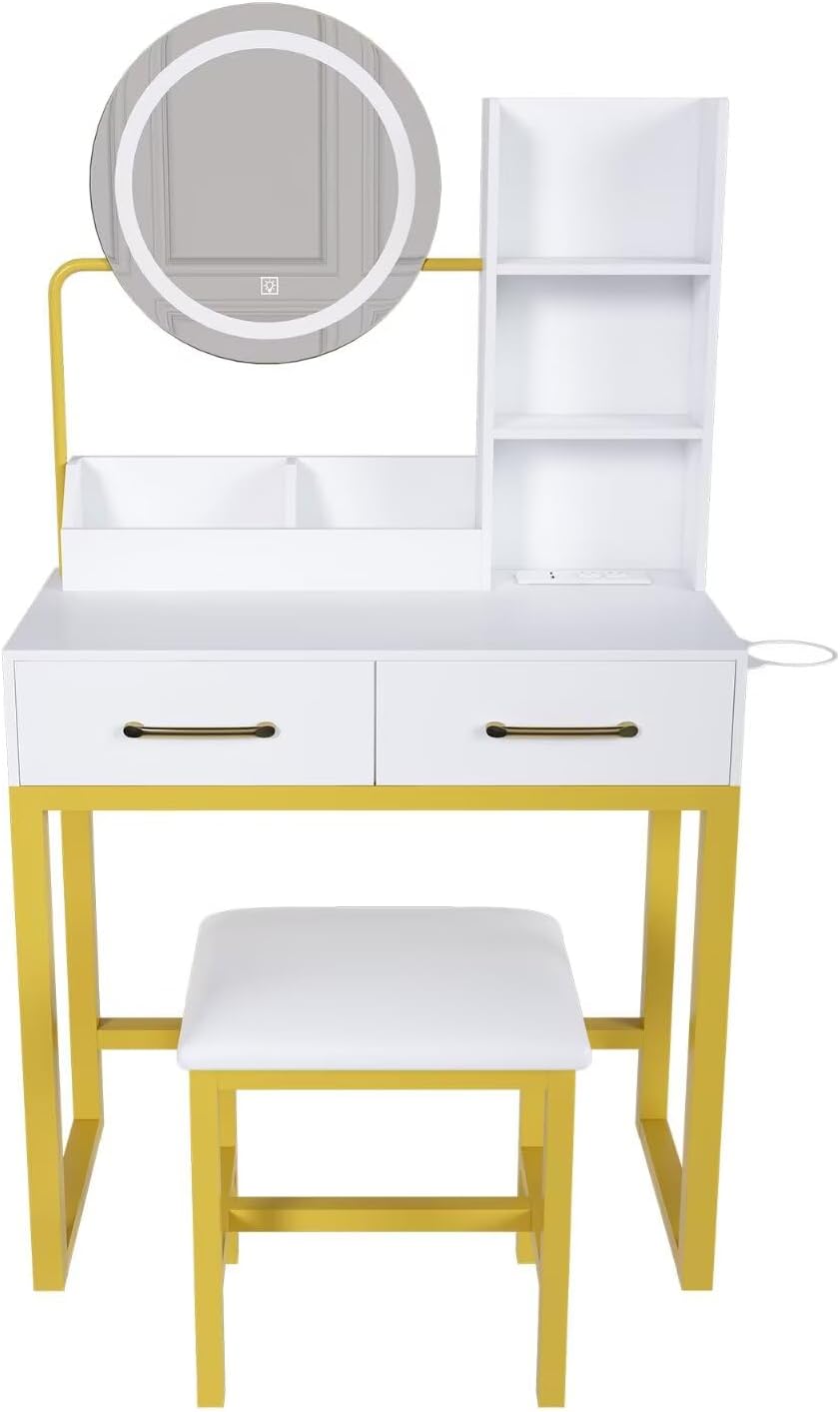 Makeup Vanity with LED Lights&3 Color and Power Outlet Makeup Vanity Table with 2 Big Drawers with Sturdy Metal Leg and Metal Chair Dressing Table for Bedroom Dressing Room