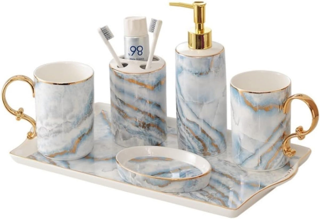 Vanity Bathroom Decor, Ceramic Bathroom Accessory Set Fashion Marble Pattern European Style Bathroom Kit for Housewarming Gift Housewarming Gift(B)