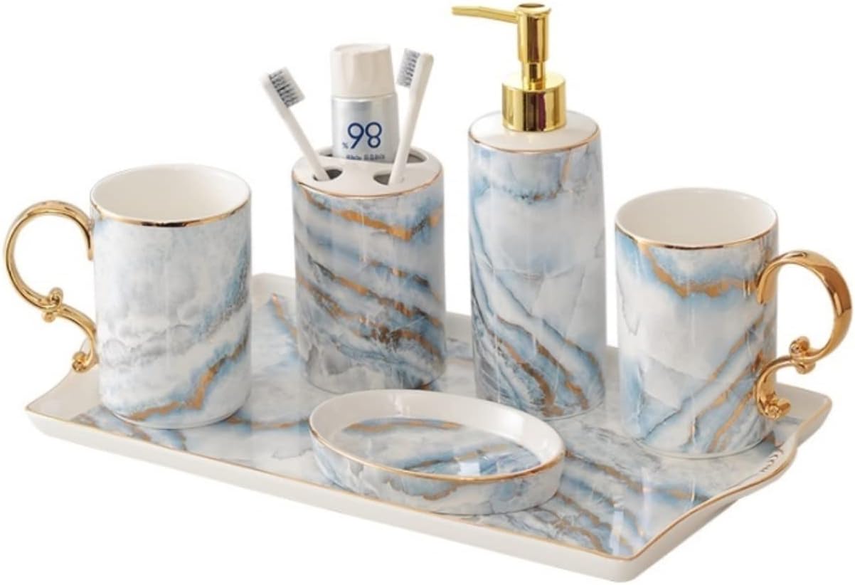 Vanity Bathroom Decor, Ceramic Bathroom Accessory Set Fashion Marble Pattern European Style Bathroom Kit for Housewarming Gift Housewarming Gift(B)