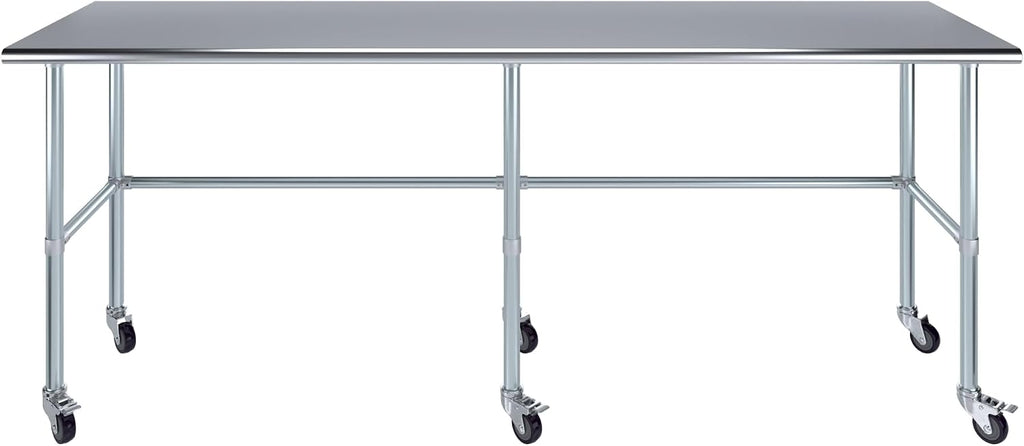 AmGood Stainless Steel Work Table Open Base & Wheels | Work Station | Metal Work Bench (Stainless Steel Work Table Open Base + Casters, 96' Long x 24' Deep)