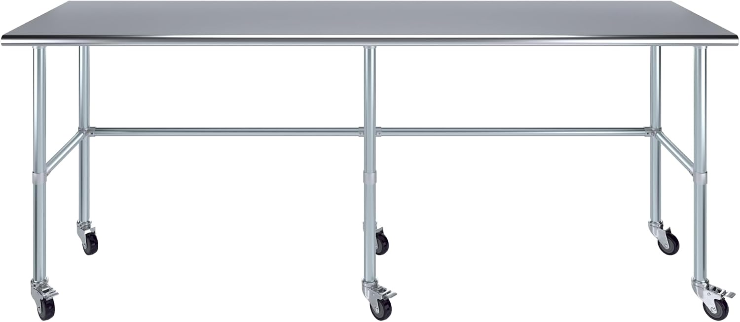 AmGood Stainless Steel Work Table Open Base & Wheels | Work Station | Metal Work Bench (Stainless Steel Work Table Open Base + Casters, 96' Long x 24' Deep)