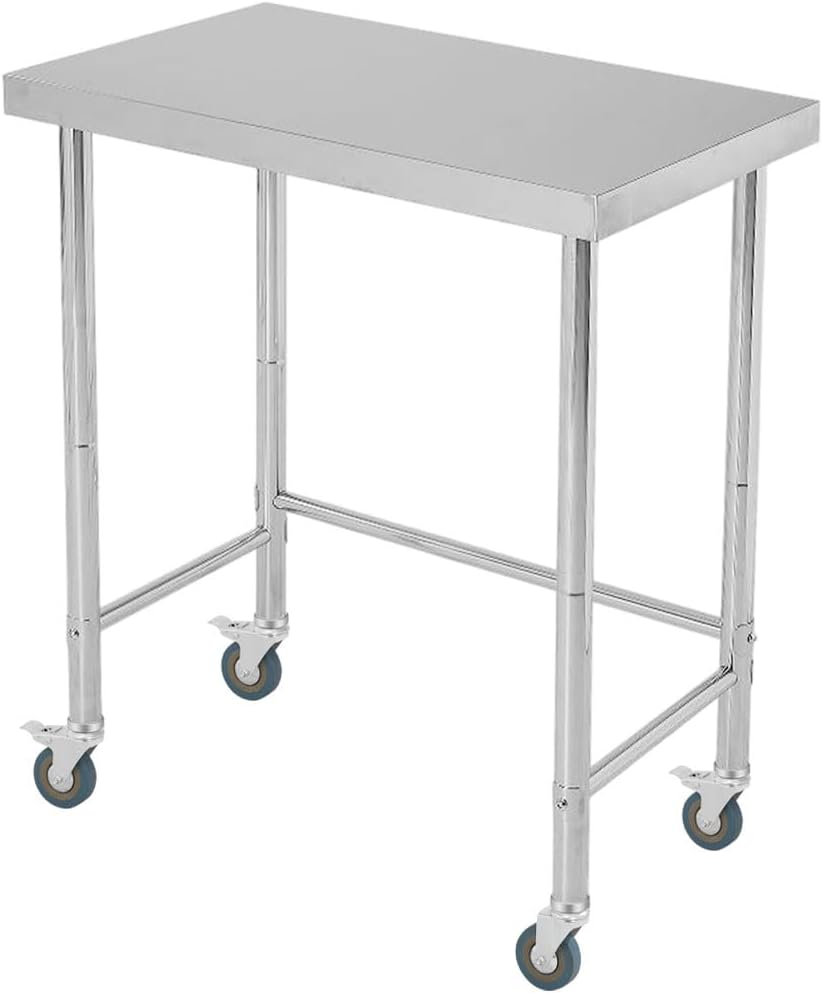 Stainless Steel Table, 18'x32'x35' Utility Work Tables, Commercial Kitchen Prep Table with Locking Casters and Open Base Single Tier, for Restaurant, Garage, Workshop, Silver