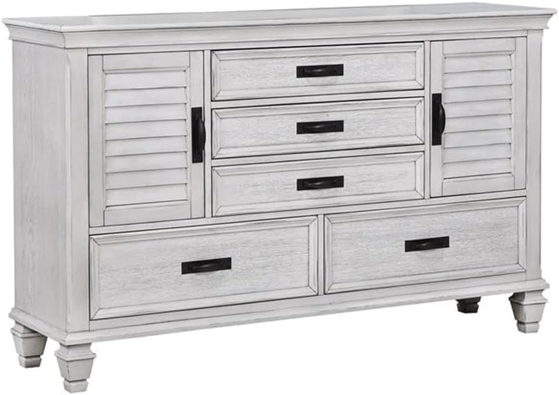 Pemberly Row 4-Piece Eastern King Panel Wood Bedroom Set, Antique White Finish, Includes Bed, Nightstand, Dresser, Beveled Mirror, Soft-Closing Drawer Glides, Pull-Out Tray, Coastal Resort Style