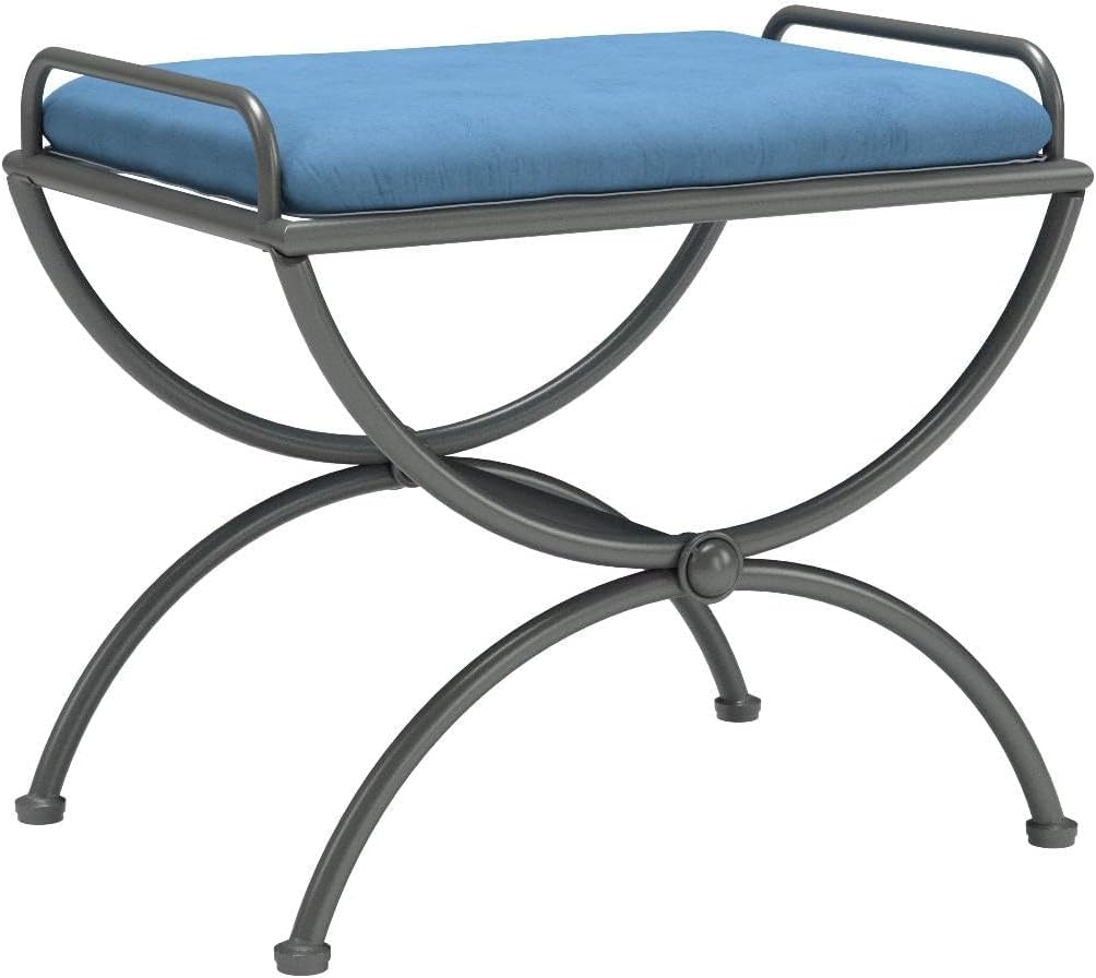 Pemberly Row Iron Vanity Bench, Indigo Finish, Microsuede Cushion, 17' H x 21' W x 16' D, Hand-Woven Style, Powdercoated Frame, Ideal for Dressing Rooms, Living Areas, Foot of Bed