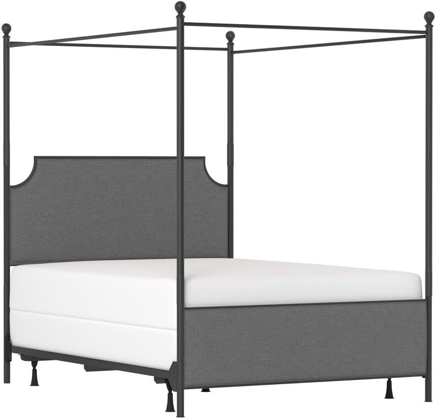 Starlight Canyon Home Queen Size Canopy Bed Frame with Upholstered Headboard, Matte Black Metal Frame with Soft Gray Accents for Elegant Bedroom Settings