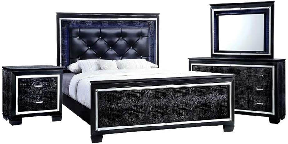 Benjara Kae 4 Piece King Bedroom Set- LED and Mirror Trim- Textured- Black