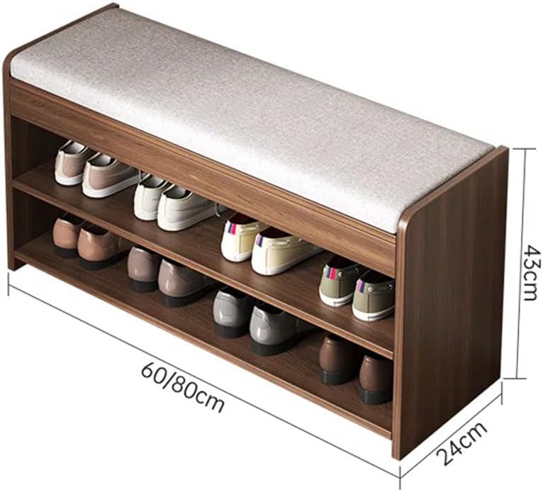 Solid Wood Shoe Bench, Open Shoe Storage Rack with Soft Seat Cushion and Round Corners Ample Seating Space Wide Horizontal Board for Stable Load-Bearing Walnut Colour 60cm