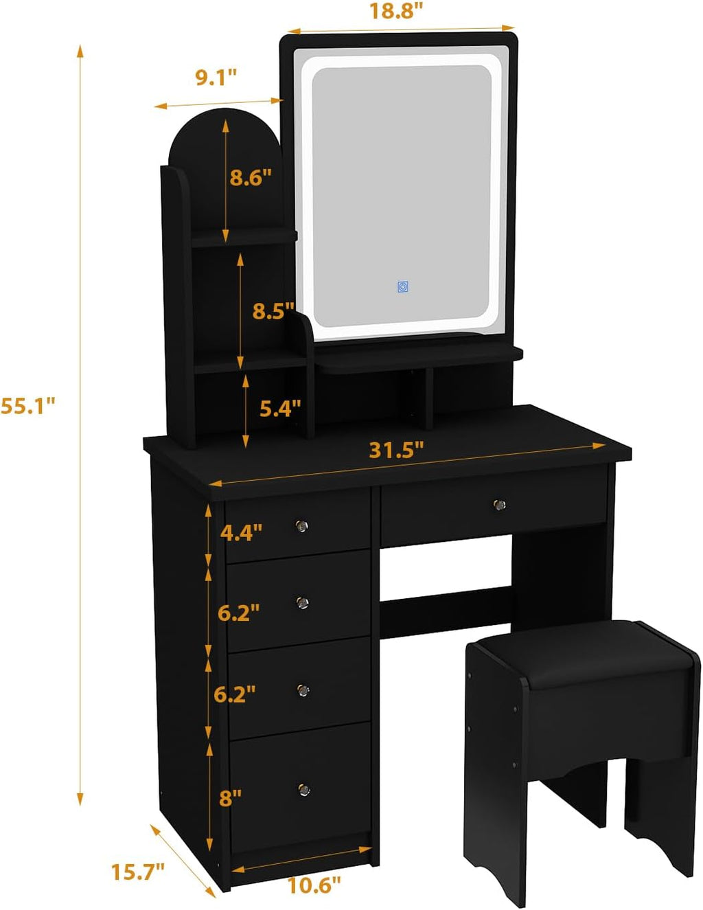 Vanity with Chair, Dressing Table with Lighted Rectangular Mirror, 5 Drawers and Shelves, Makeup Vanity Set with Storage for Bedroom, Crystal Knobs, Black, 15.7' D x 31.5' W x 55.1' H