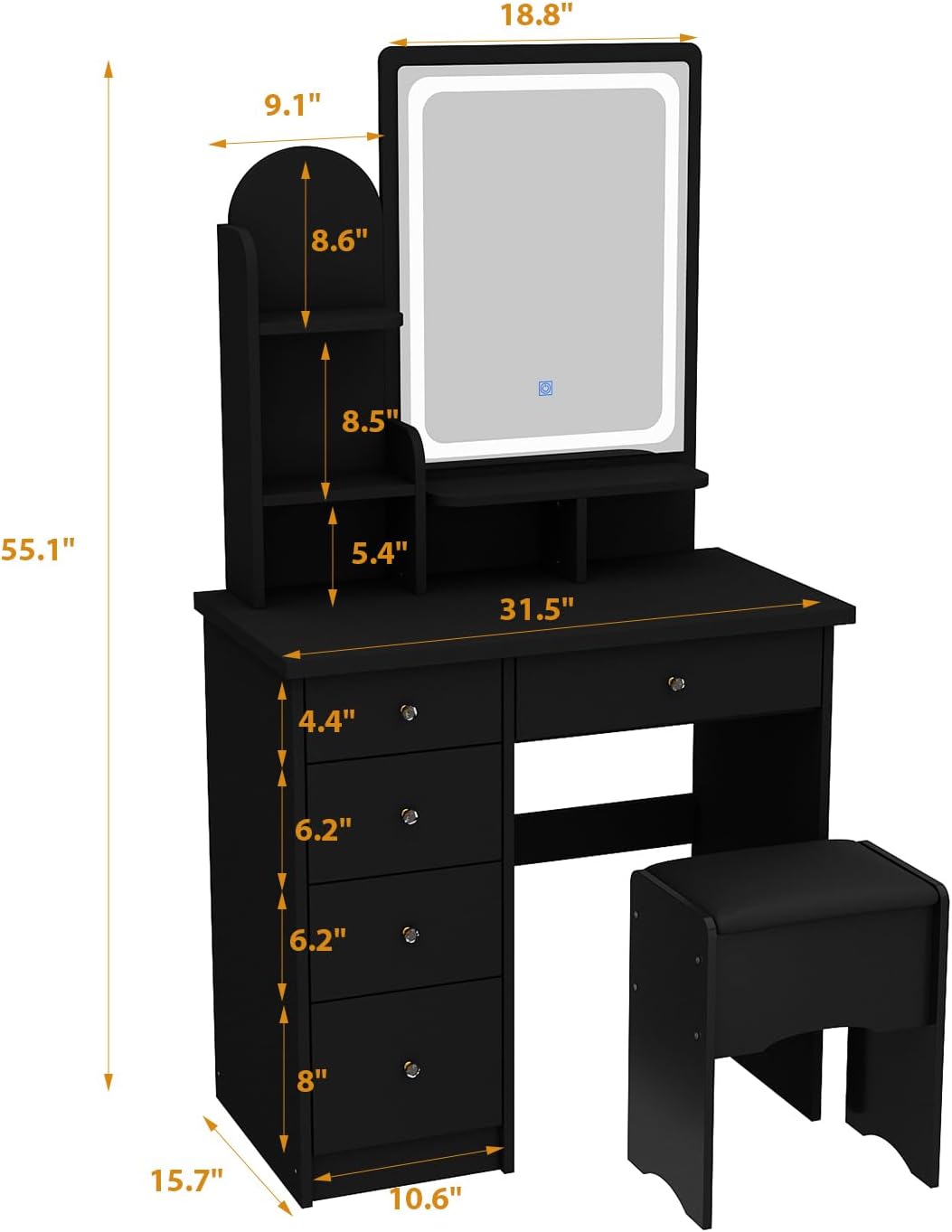 Vanity with Chair, Dressing Table with Lighted Rectangular Mirror, 5 Drawers and Shelves, Makeup Vanity Set with Storage for Bedroom, Crystal Knobs, Black, 15.7' D x 31.5' W x 55.1' H