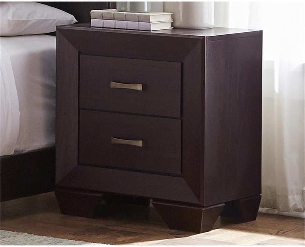 MAKLAINE 4-Piece Wood Twin Bedroom Set, Brown and Dark Cocoa Finish, Faux Leather Upholstered Bed, Includes Dresser, Nightstand, Mirror, Rubberwood Construction, Mid-Century Modern Style for Bedroom