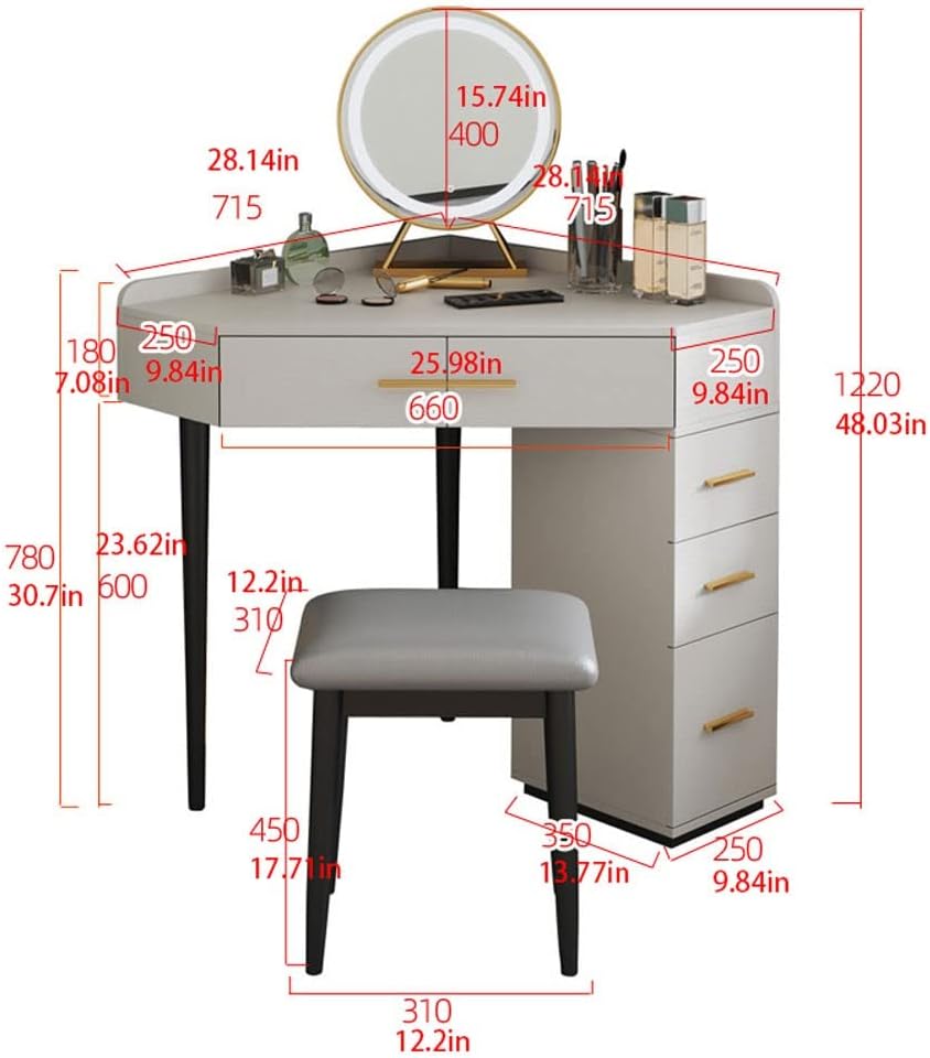 Home Bedroom Small Unit Vanity Desk Right Angle Dresser Corner Dresser with Stool, LED Mirror, Multiple Drawers (Color : White)