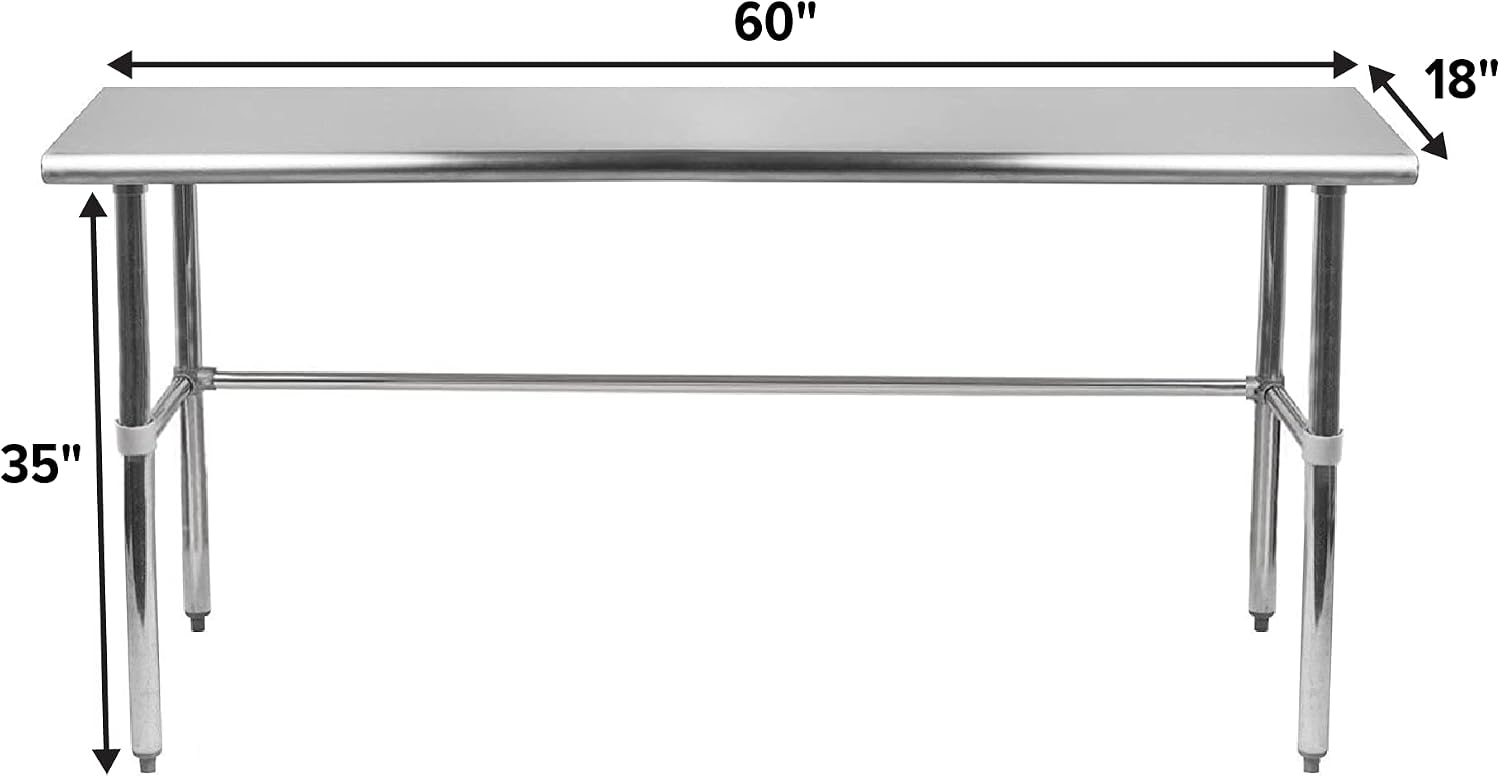 60' x 18' Open Base Stainless Steel Work Table – NSF Certified Narrow Commercial Utility Table with Galvanized Legs for Kitchens, Labs & Food Trucks