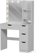 Modern Vanity Makeup Desk with Vanity Mirror, Built-in Lights, 4 Drawers, Power Outlet, Makeup Desk for Bedroom (Grey)