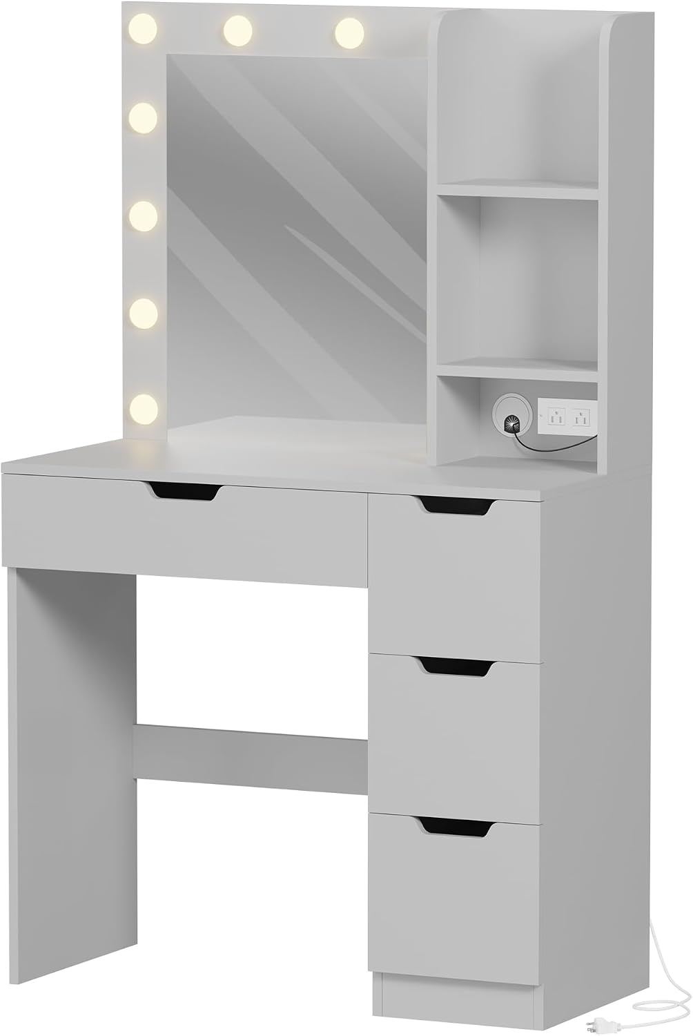 Modern Vanity Makeup Desk with Vanity Mirror, Built-in Lights, 4 Drawers, Power Outlet, Makeup Desk for Bedroom (Grey)