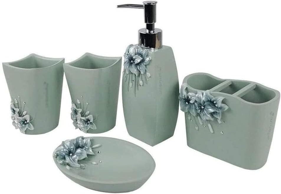 Vanity Bathroom Decor, Bathroom Accessories Set 5 Pieces Bath Ensemble Includes Soap Dispenser Toothbrush Holder Tooth Cup Soap Dish Green Housewarming Gift