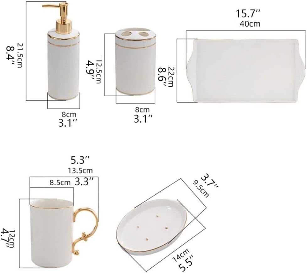 Vanity Bathroom Decor, Ceramic Bathroom Accessories Set Lotion Soap Dispenser Toothbrush Holder Cup Soap Dish Housewarming Gift(6pcs(Golden Handle))