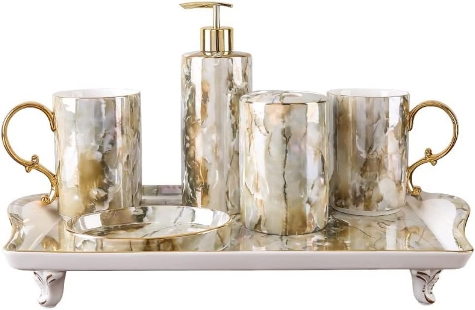 Vanity Bathroom Decor, Bathroom Accessories Set，Ceramic Soap Dispenser Refillable Lotion Liquid Soap Pump Housewarming Gift(A,5Pieces+Tray)