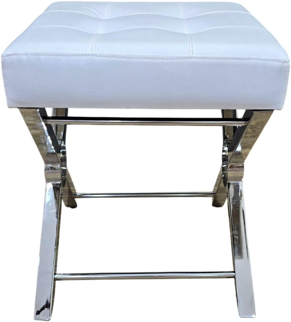 Carolina Chair & Table Modern X-Frame Stool - Luxury Chrome Steel Base with White Upholstery Cushion Faux Leather Soft Seat, Vanity Bench - Modern Style Accent Furniture for Living Room, Bedroom